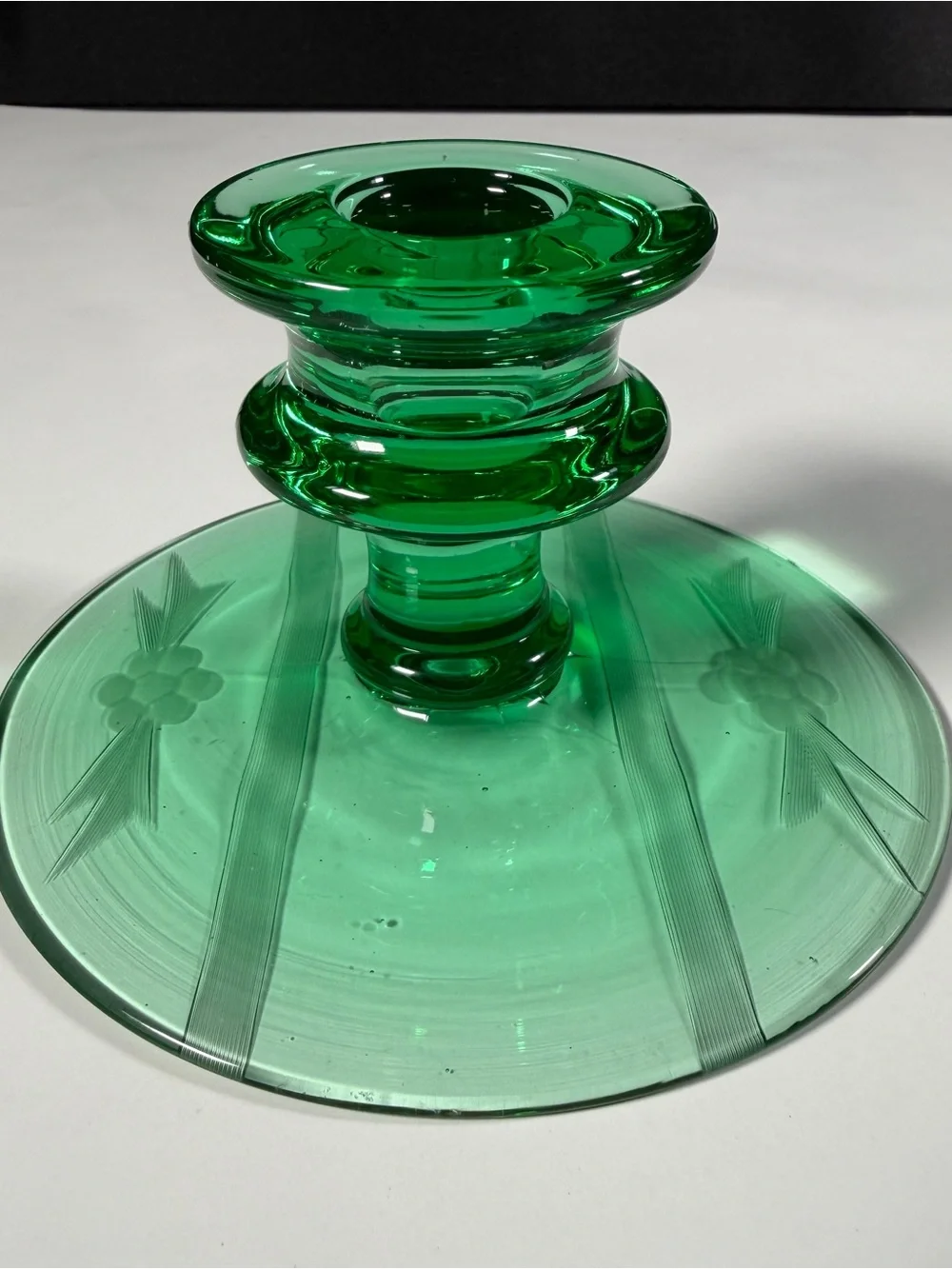 Mismatched Fostoria pair of Green Glass Candle Holders, one etched glows,